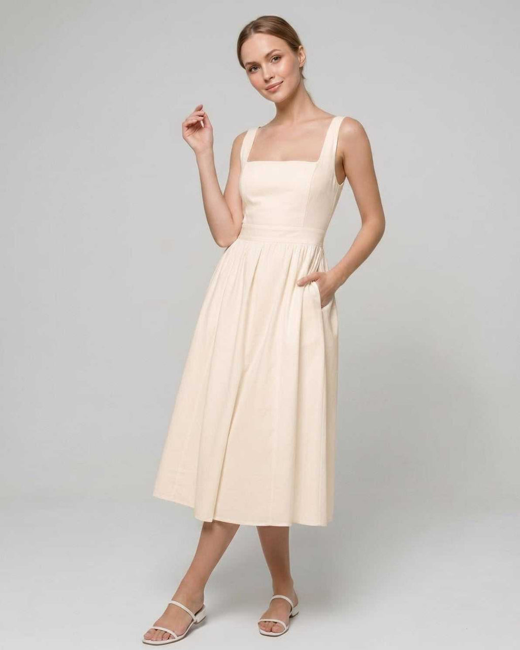 Aveline Midi Dress by Lauven — lightweight sleeveless square neck fit and flare midi dress