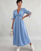 Eloria Midi Dress by Lauven — lightweight mid sleeve V-neck button front fit and flare midi dress