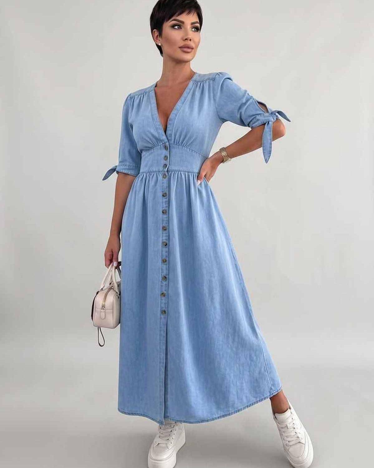 Eloria Midi Dress by Lauven — lightweight mid sleeve V-neck button front fit and flare midi dress