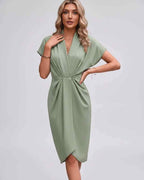 Veloura Midi Dress by Lauven — satin cap sleeve V-neck draped midi dress