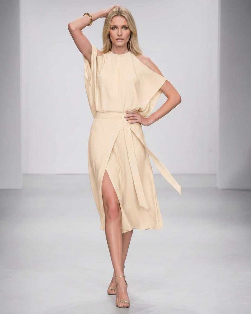 Seralyn Midi Dress by Lauven — halter sleeveless wrap midi dress with tie waist and front slit