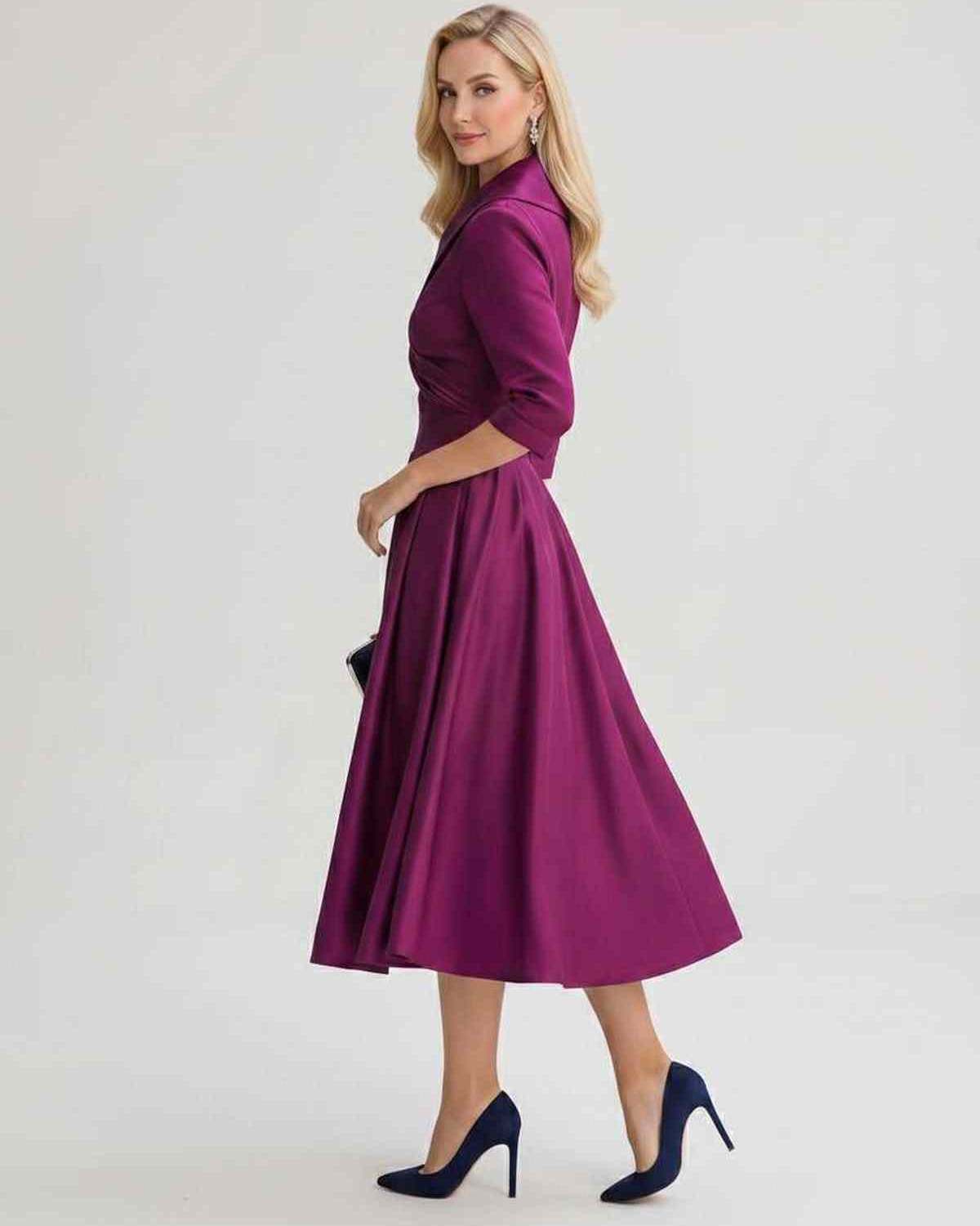 Serelune Midi Dress by Lauven — satin blend 3/4 sleeve V-neck A-line midi dress