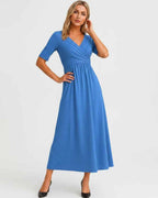 Velmira Midi Dress by Lauven — soft stretch short sleeve V-neck A-line midi dress