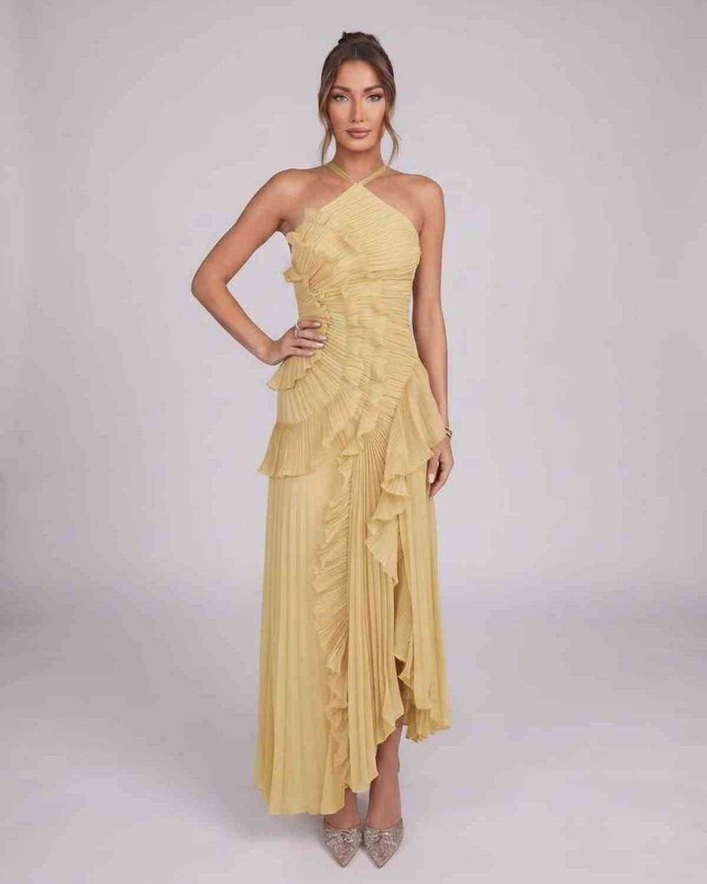 Valerise Maxi Dress by Lauven — chiffon sleeveless halter asymmetrical maxi dress