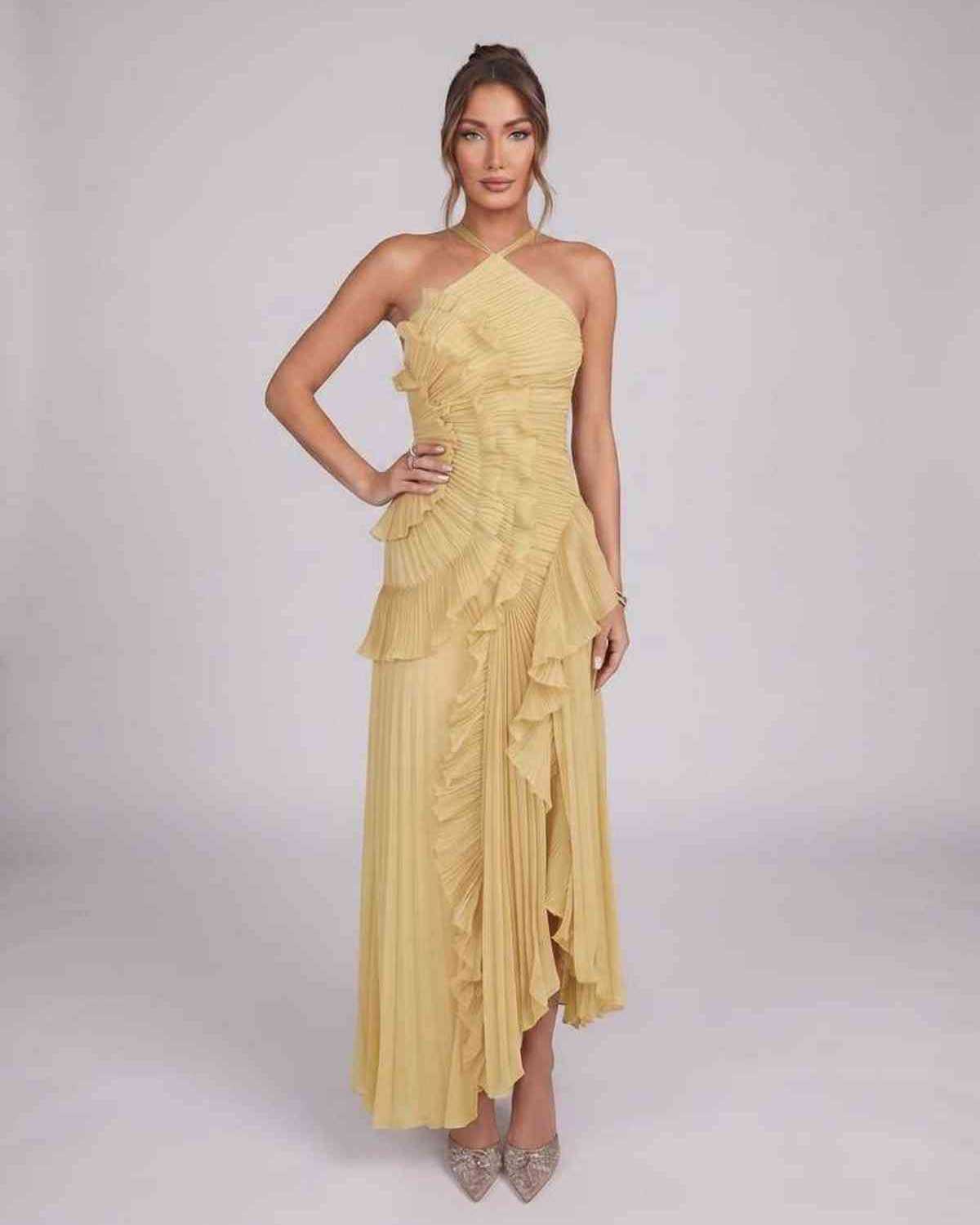Valerise Maxi Dress by Lauven — chiffon sleeveless halter asymmetrical maxi dress