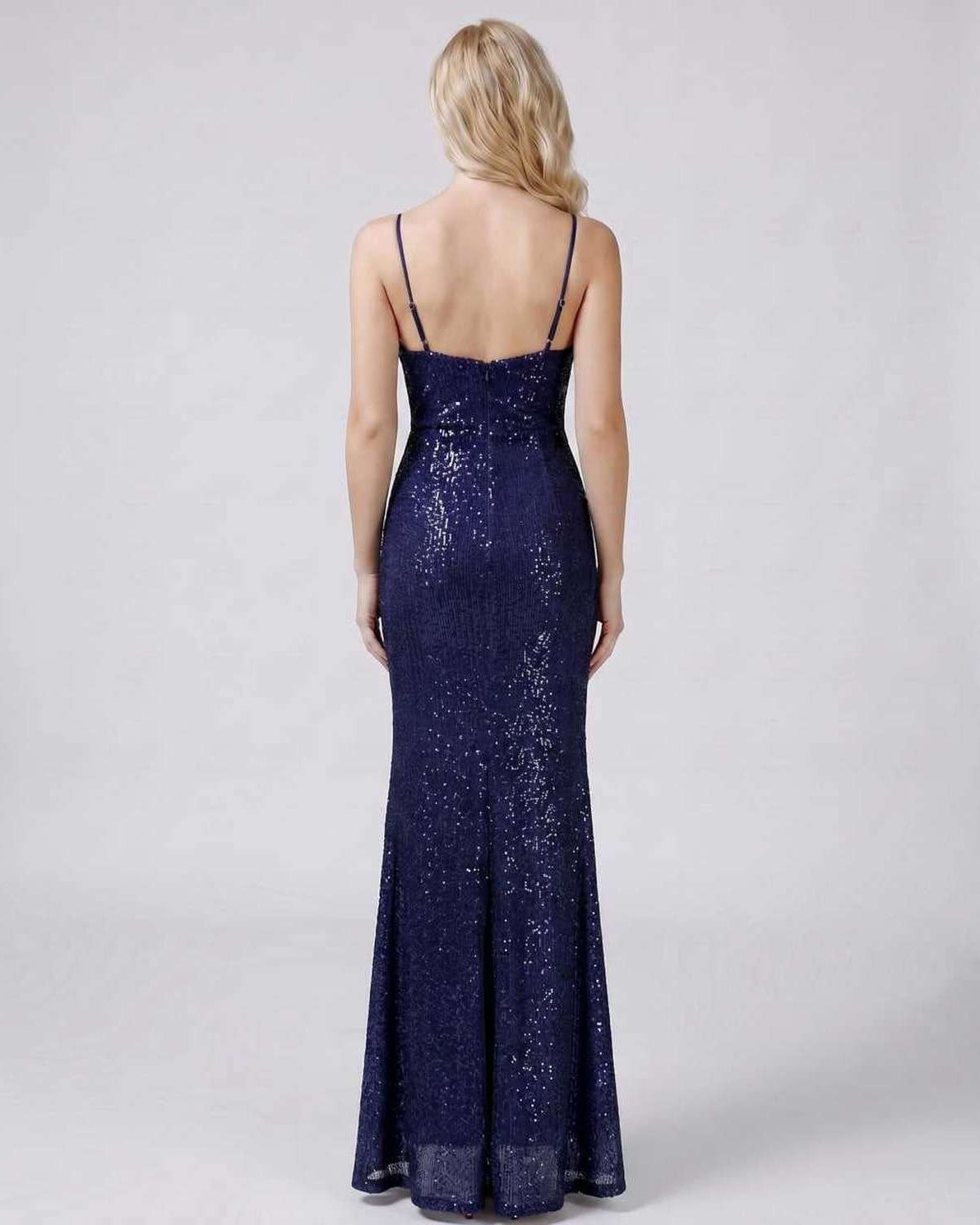 Celeste Maxi Dress by Lauven — sequin sleeveless V-neck mermaid maxi dress with spaghetti straps and front slit