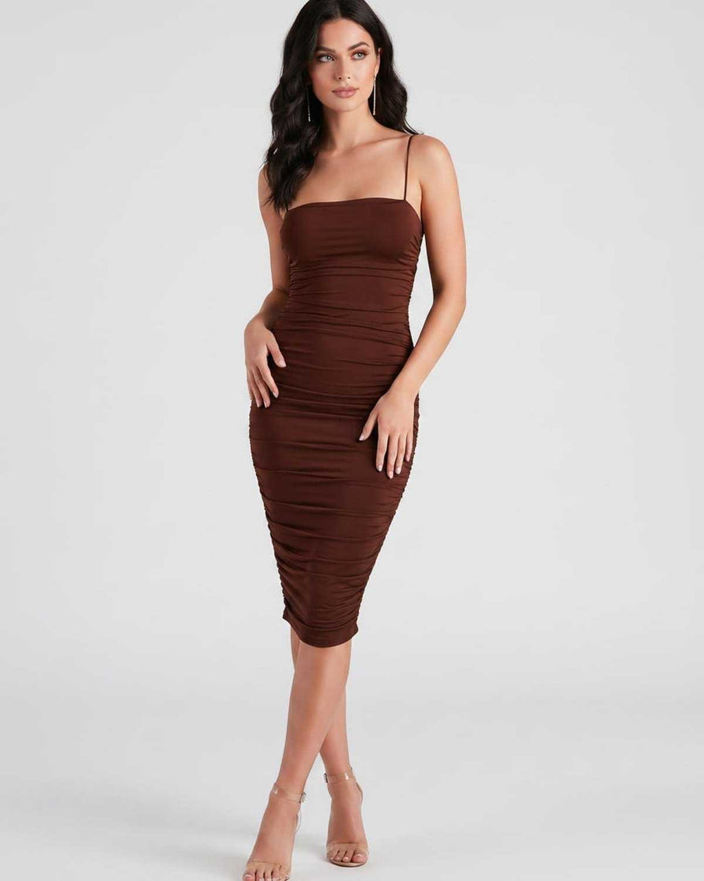 Velora Midi Dress by Lauven — smooth knit sleeveless square neck ruched slim midi dress