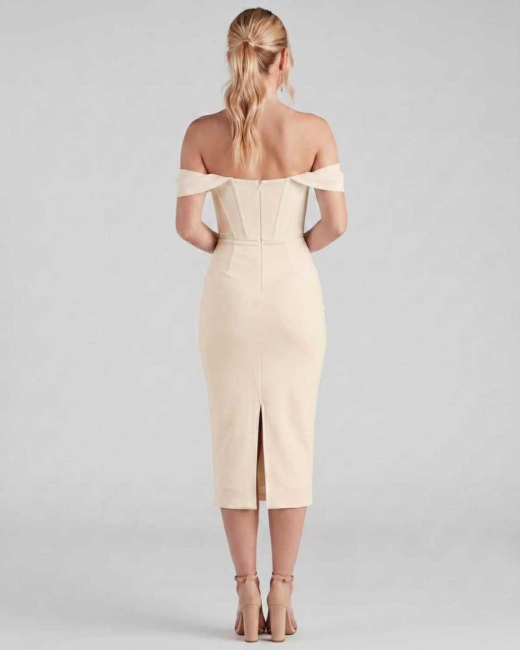 Celeste Midi Dress by Lauven — crepe-lined off-shoulder corset fitted midi dress