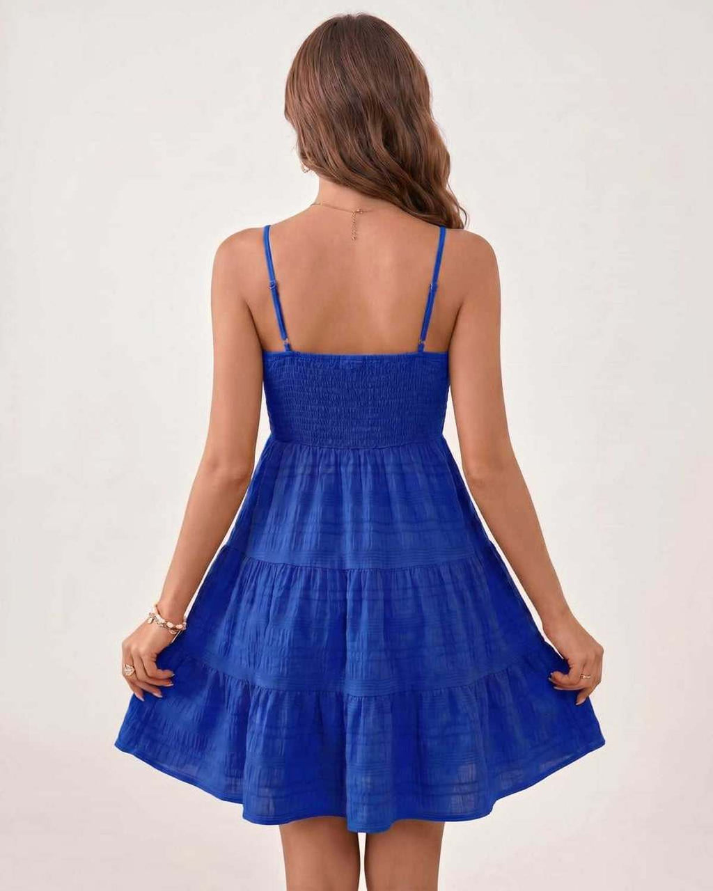 Solara Mini Dress by Lauven — textured sleeveless square neck tiered swing mini dress