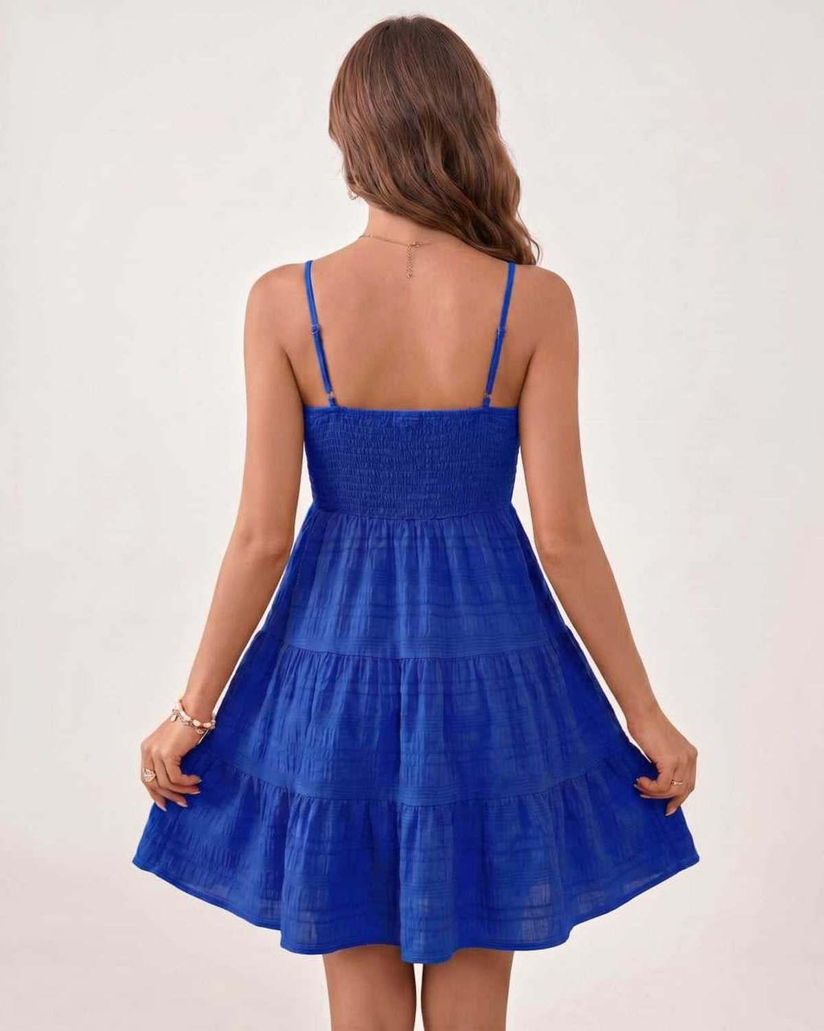 Solara Mini Dress by Lauven — textured sleeveless square neck tiered swing mini dress