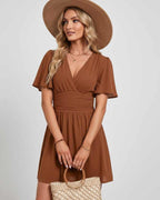 Calista Mini Dress by Lauven — chiffon ruffled short sleeve V-neck A-line mini dress