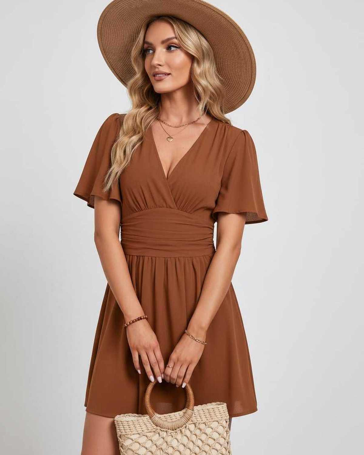 Calista Mini Dress by Lauven — chiffon ruffled short sleeve V-neck A-line mini dress