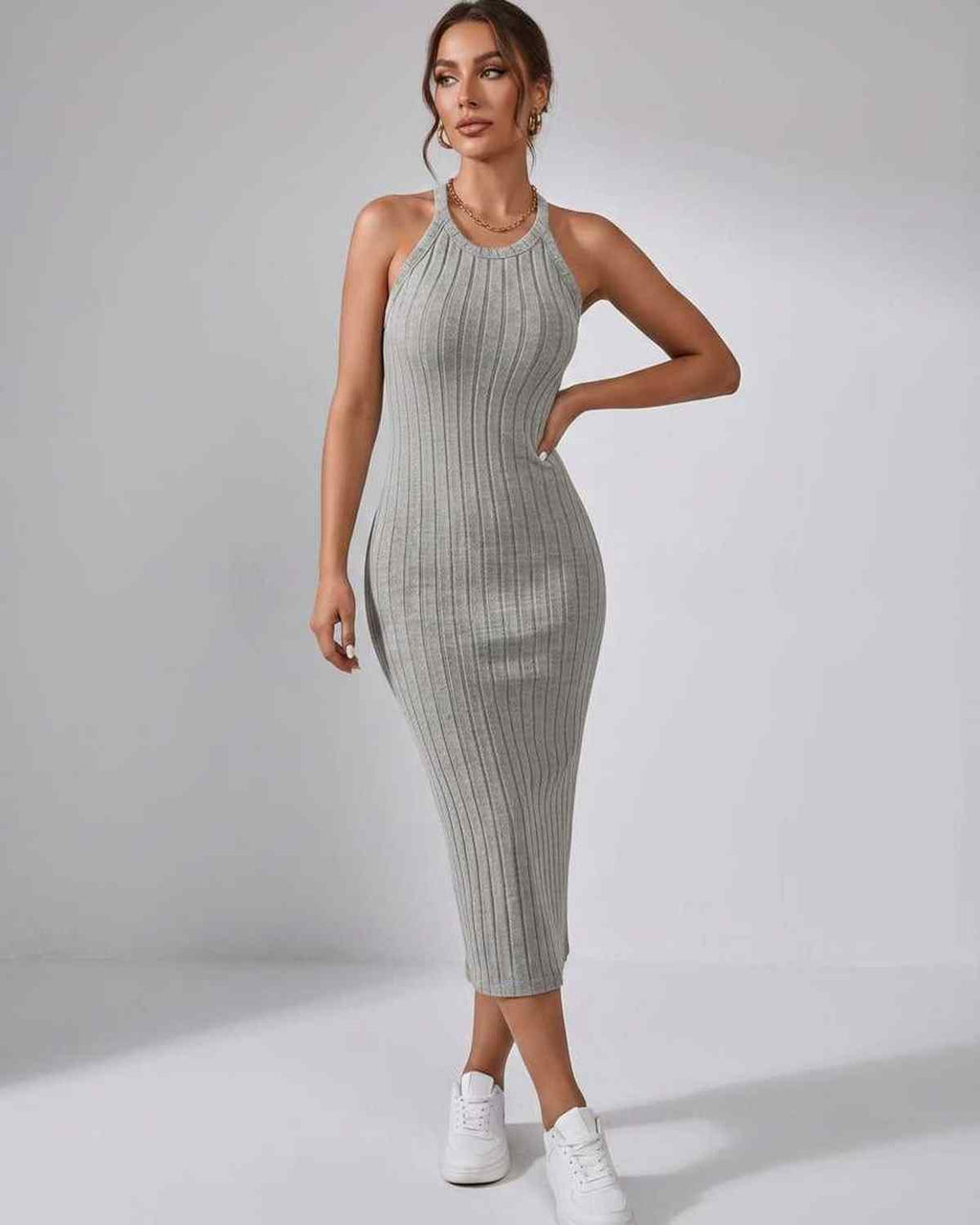 Lunara Midi Dress by Lauven — ribbed knit sleeveless crew neck slim-fit midi dress