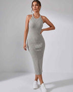 Lunara Midi Dress by Lauven — ribbed knit sleeveless crew neck slim-fit midi dress