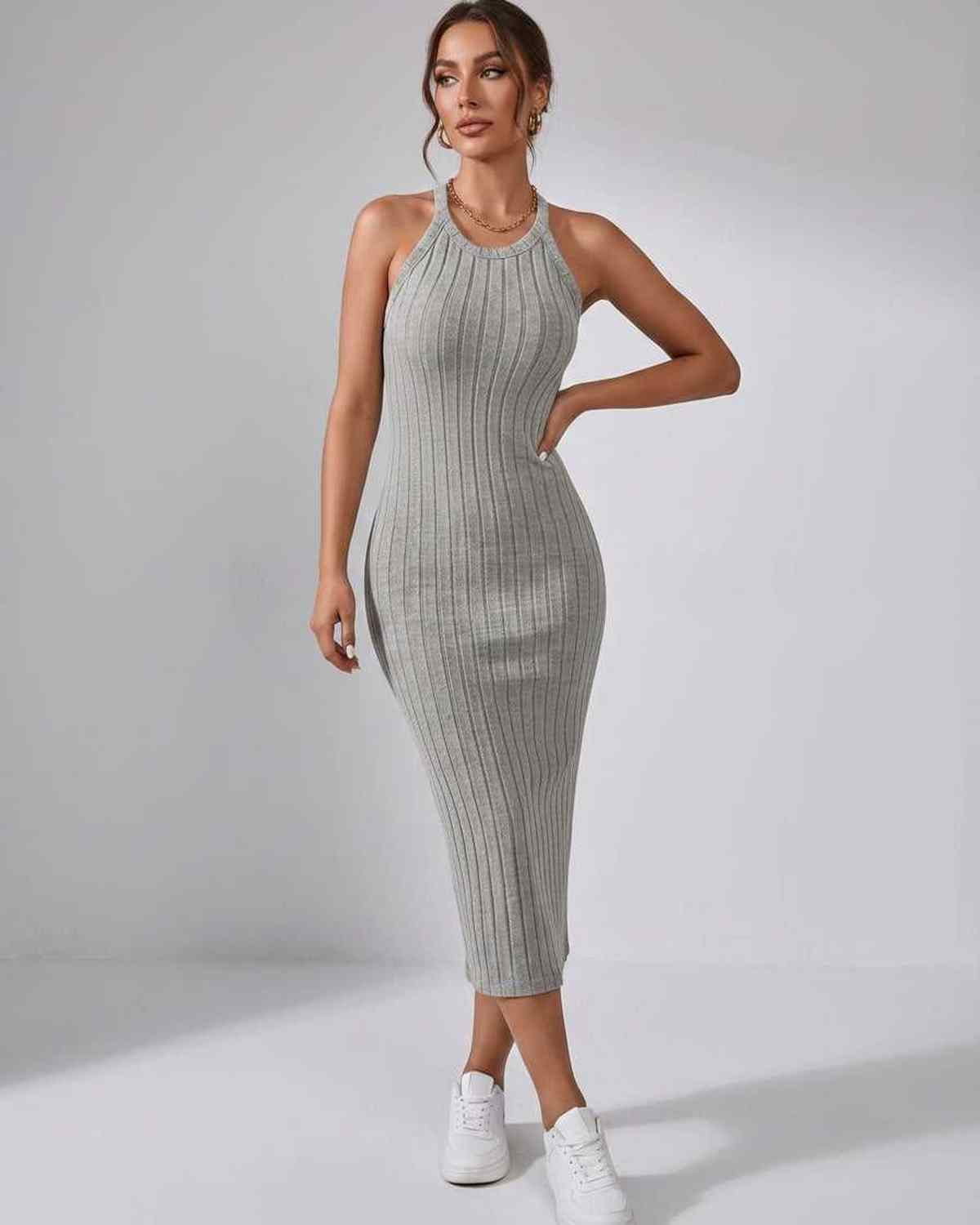 Lunara Midi Dress by Lauven — ribbed knit sleeveless crew neck slim-fit midi dress