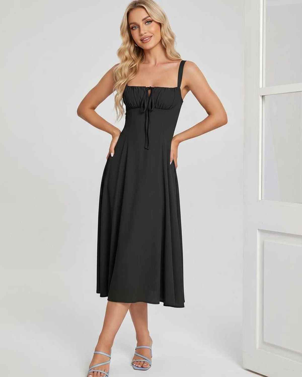 Serelune Midi Dress by Lauven — lightweight sleeveless square neck A-line midi dress