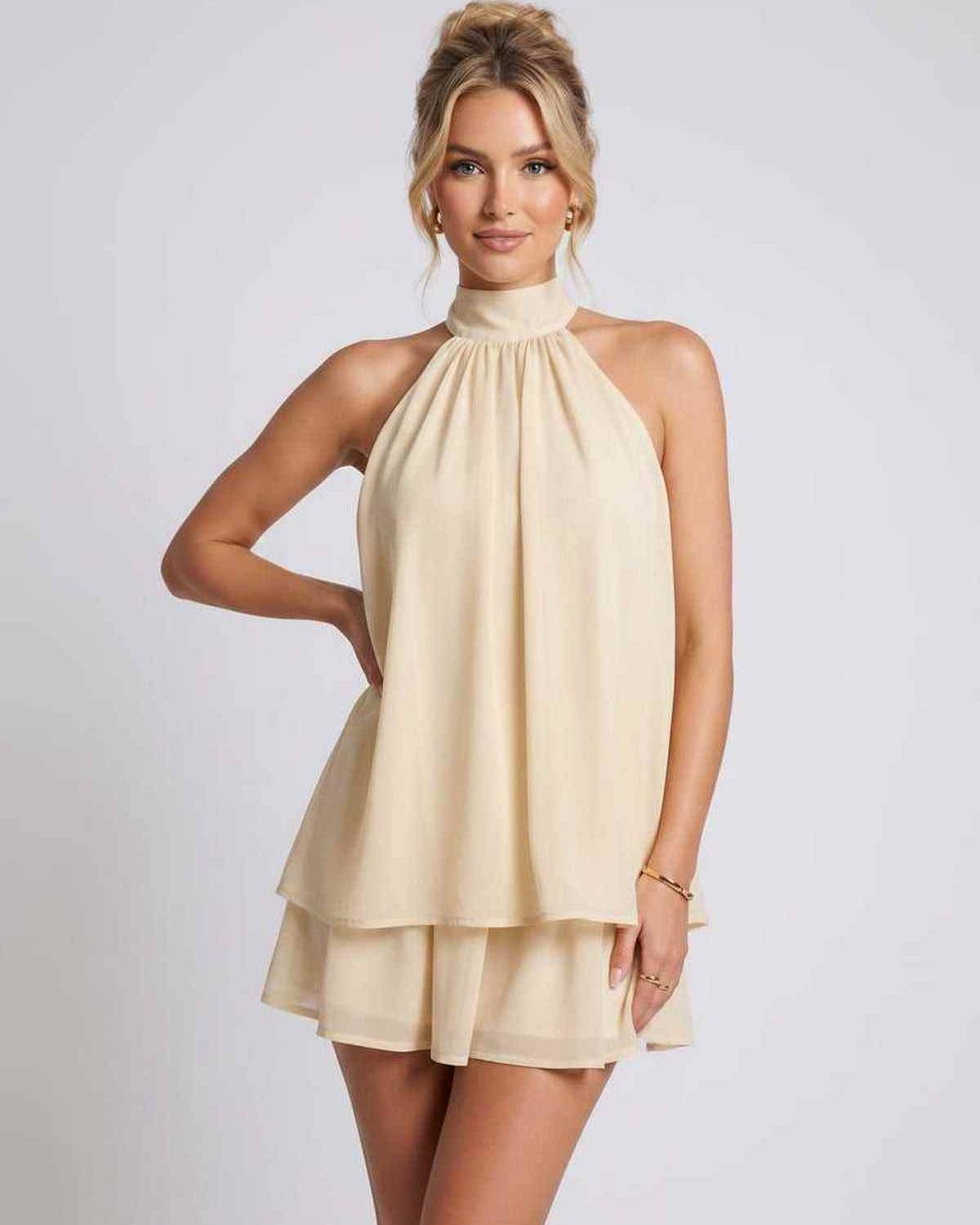 Celestia Mini Dress by Lauven — chiffon sleeveless halter neck mini dress