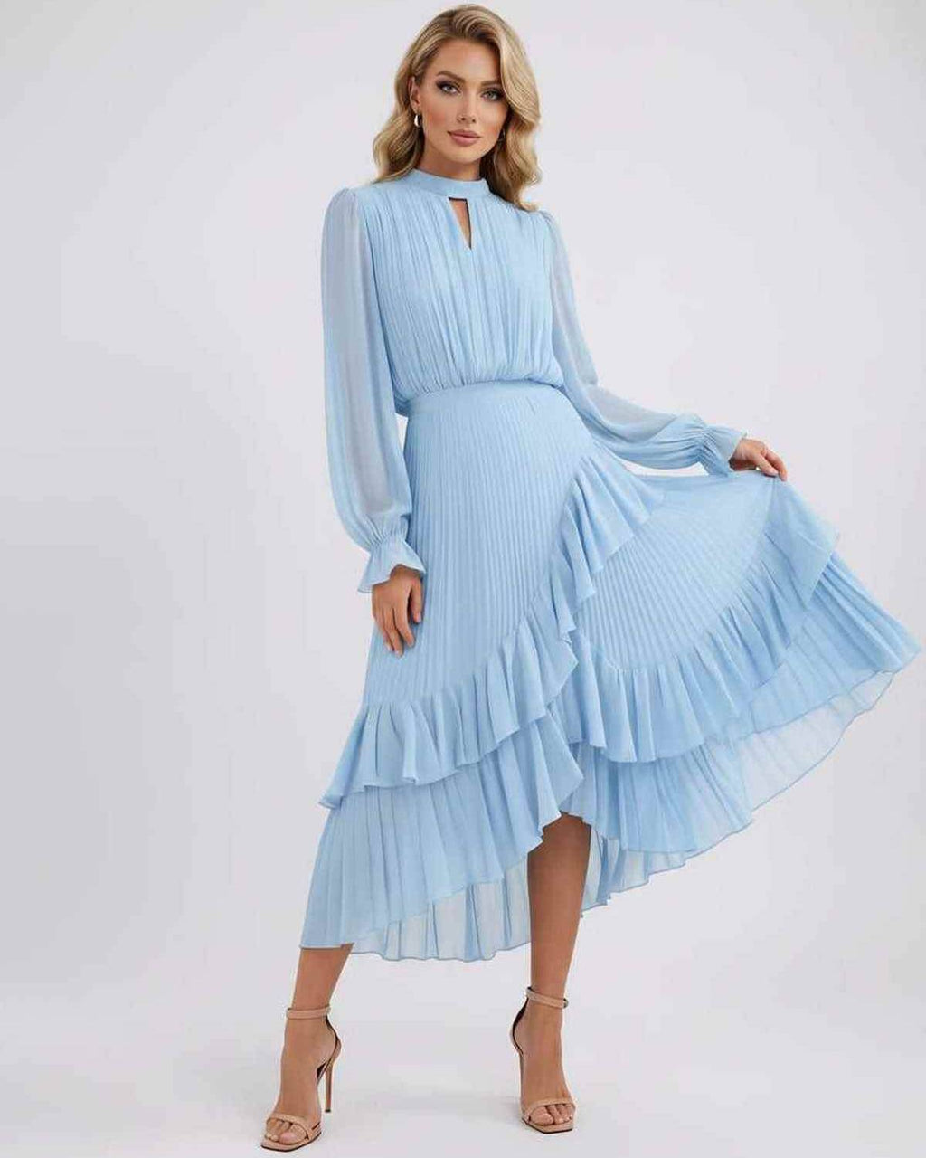 Celestia Maxi Dress by Lauven — chiffon long sleeve high neck A-line maxi dress