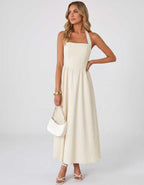 Veloura Midi Dress by Lauven — satin blend sleeveless square neck A-line midi dress