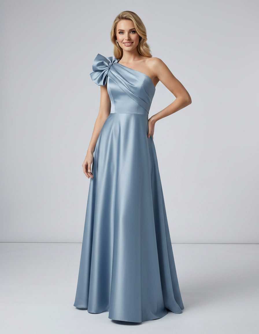 Aurevina Maxi Dress by Lauven — satin one shoulder A-line maxi dress with ruffle detail