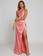 Veloura Maxi Dress by Lauven — satin one-shoulder mermaid maxi dress with slit