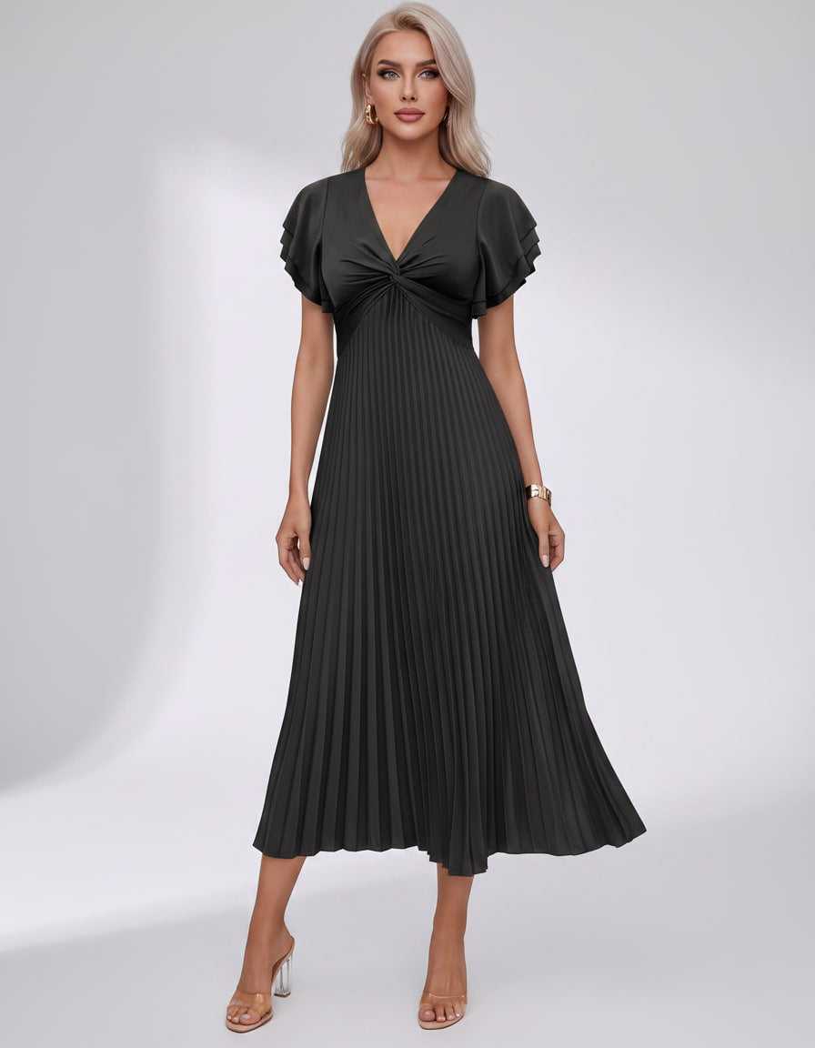 Veloura Midi Dress by Lauven — pleated chiffon flutter sleeve V-neck A-line midi dress