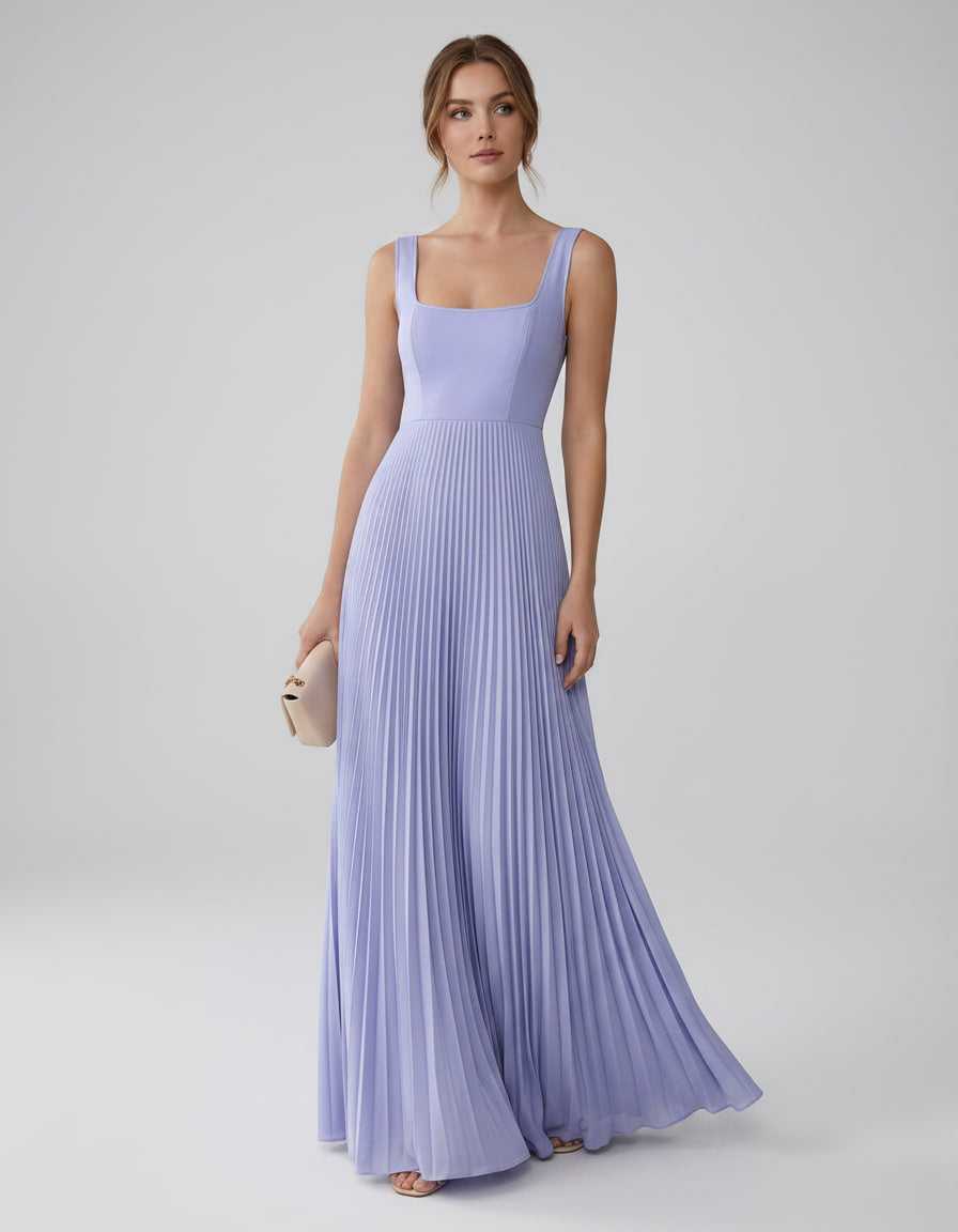 Veloura Maxi Dress by Lauven — satin chiffon sleeveless square neck pleated A-line maxi dress