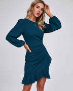 Virelle Mini Dress by Lauven — long sleeve round neck fitted mini dress with ruffle hem
