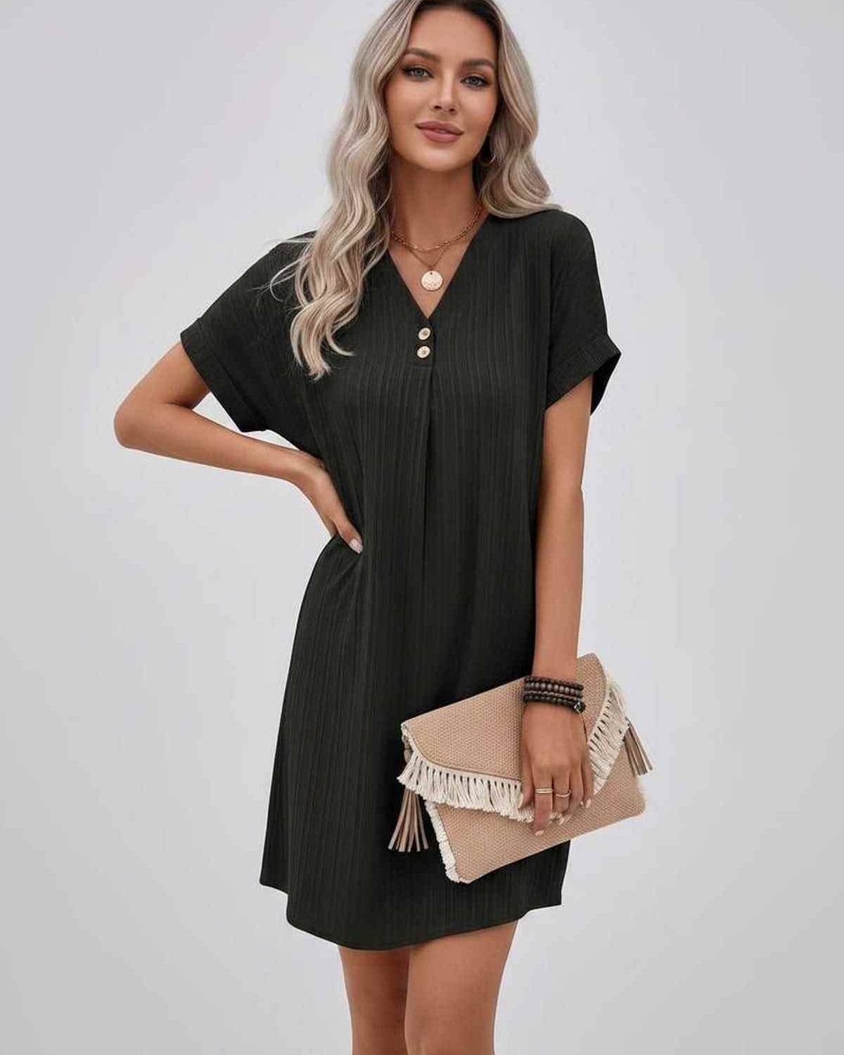 Lunelle Mini Dress by Lauven — textured short sleeve V-neck relaxed mini dress
