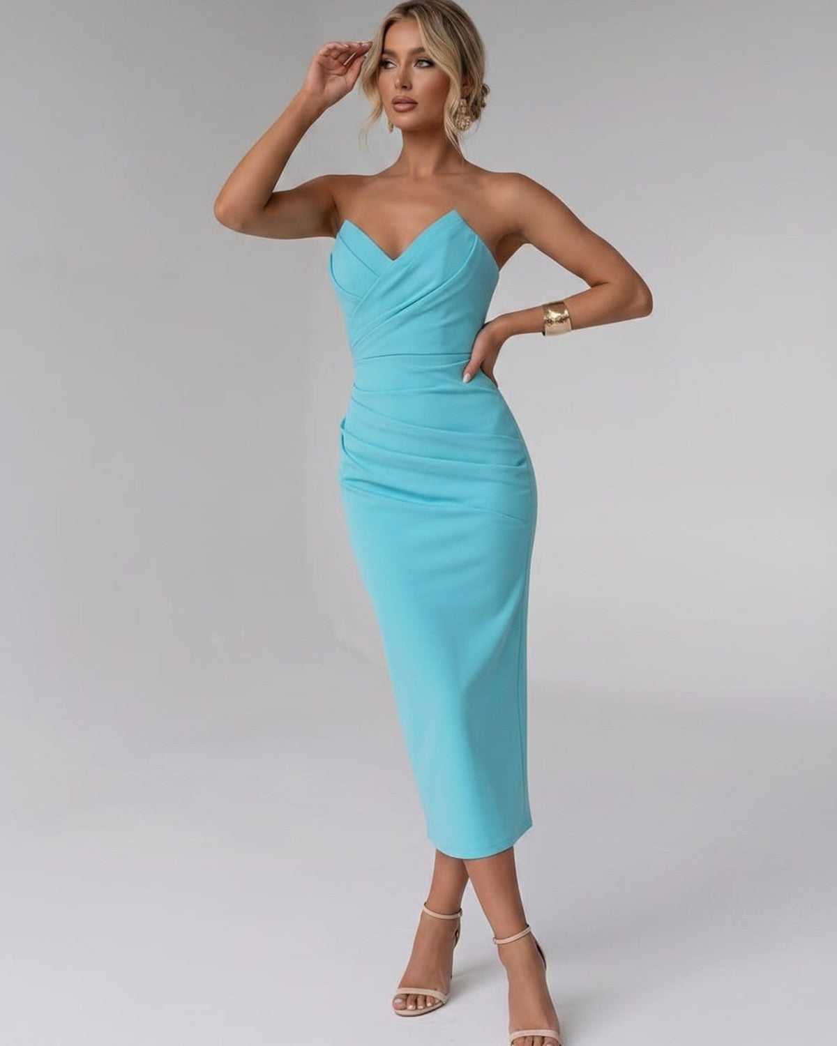 Serelle Midi Dress by Lauven — smooth stretch strapless sweetheart neck fitted midi dress