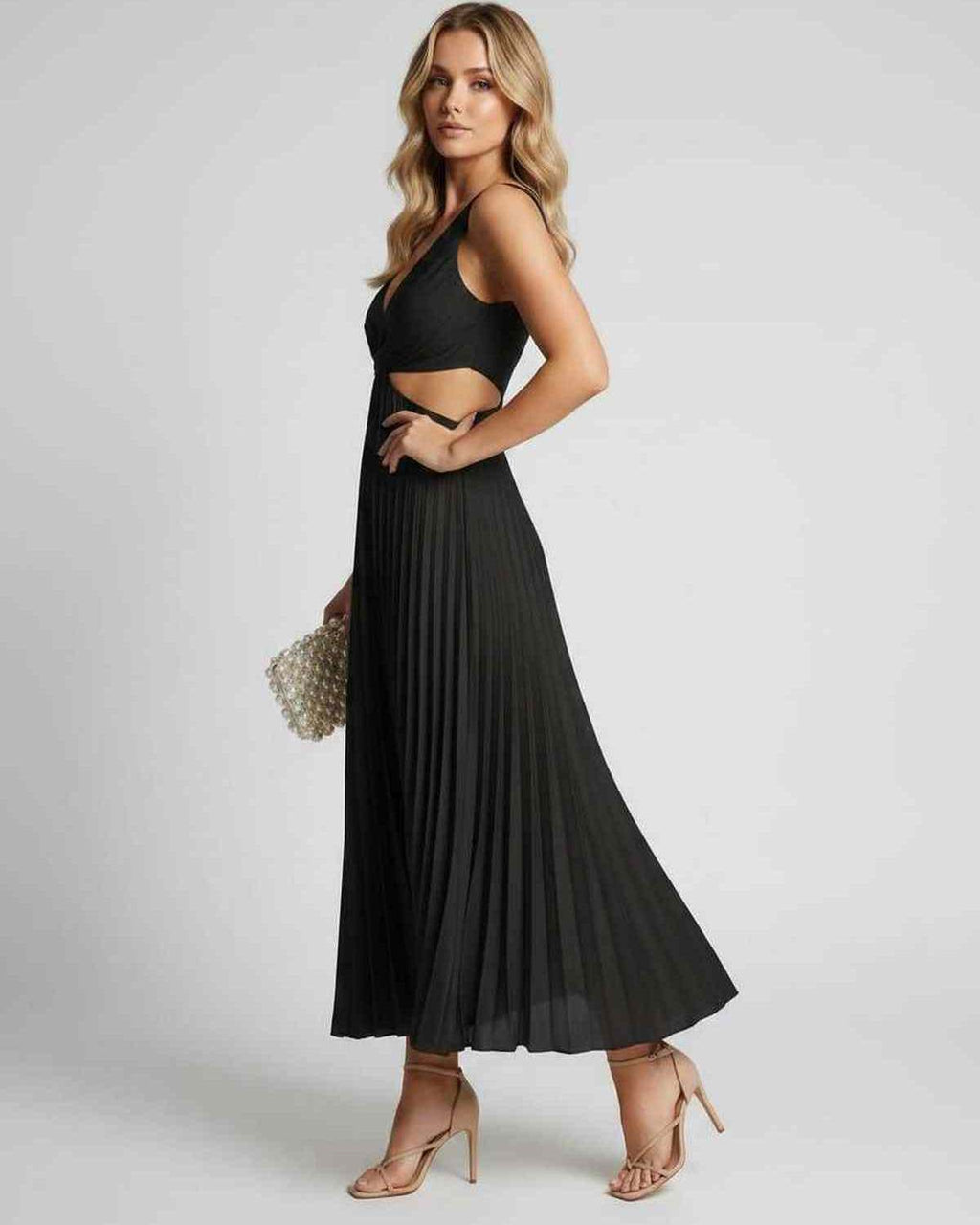 Lunara Midi Dress by Lauven — satin sleeveless V-neck flowing pleated midi dress