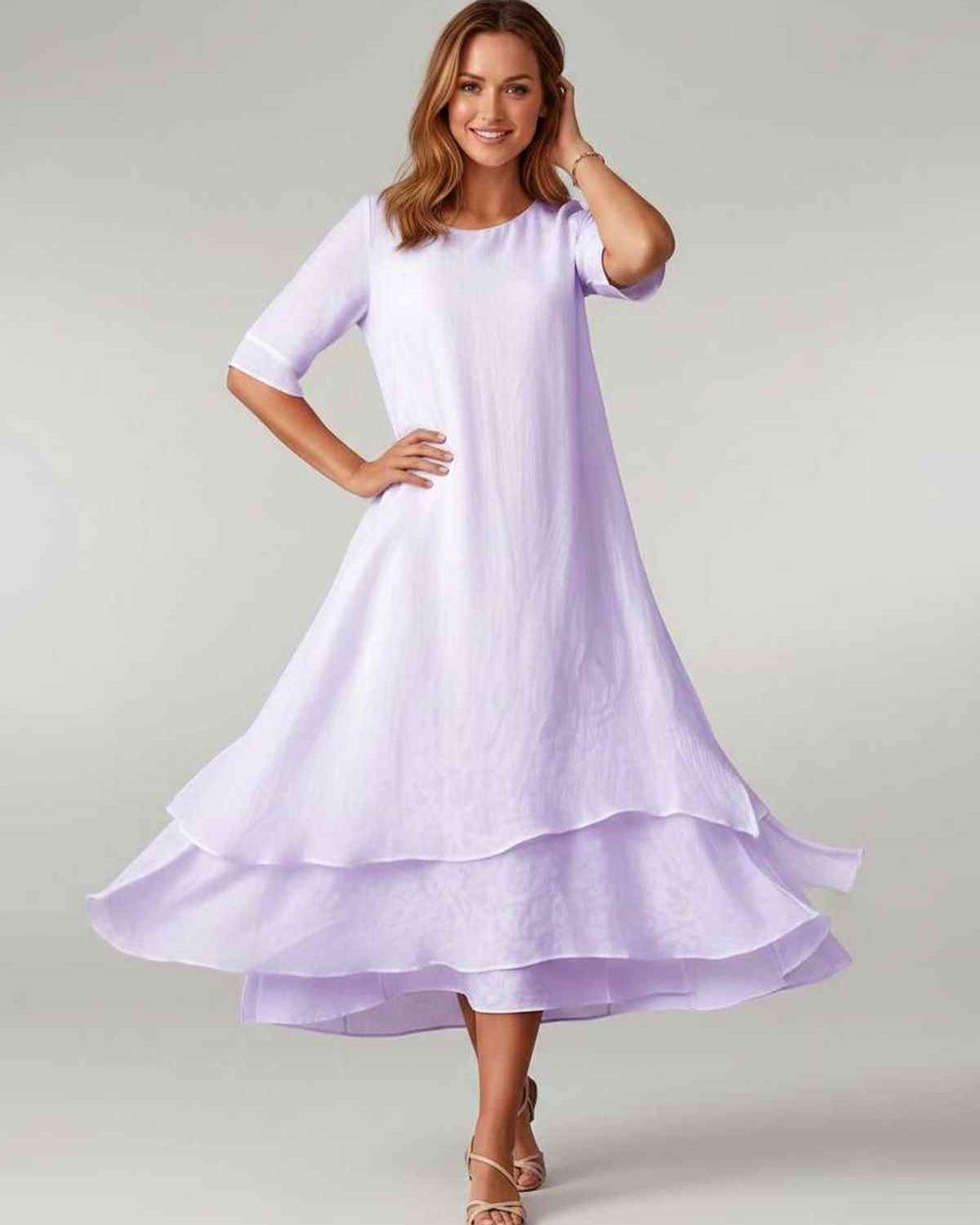 Aurelia Midi Dress by Lauven — lightweight short sleeve round neck layered midi dress