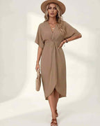 Elara Midi Dress by Lauven — premium short sleeve V-neck wrap style midi dress