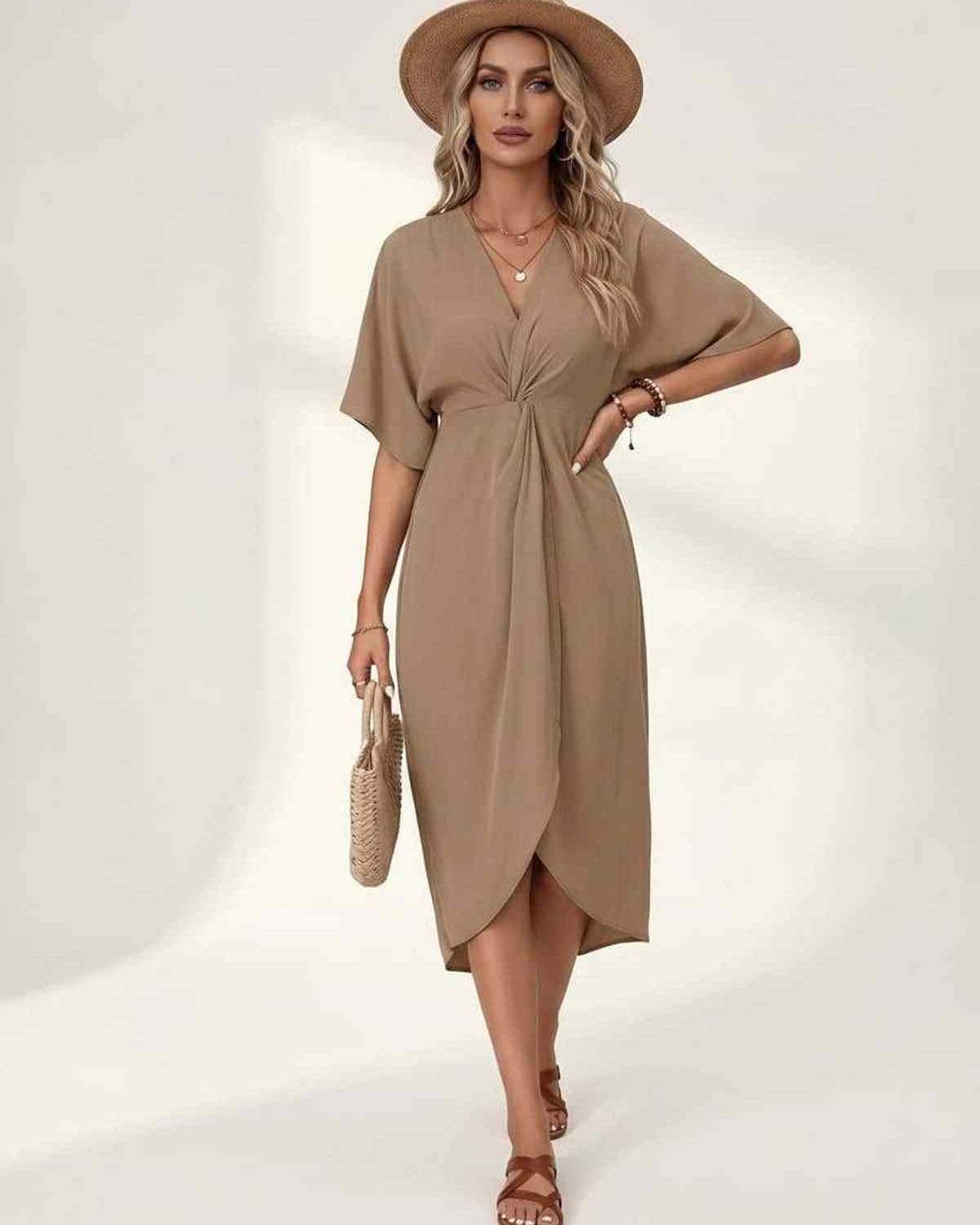 Elara Midi Dress by Lauven — premium short sleeve V-neck wrap style midi dress