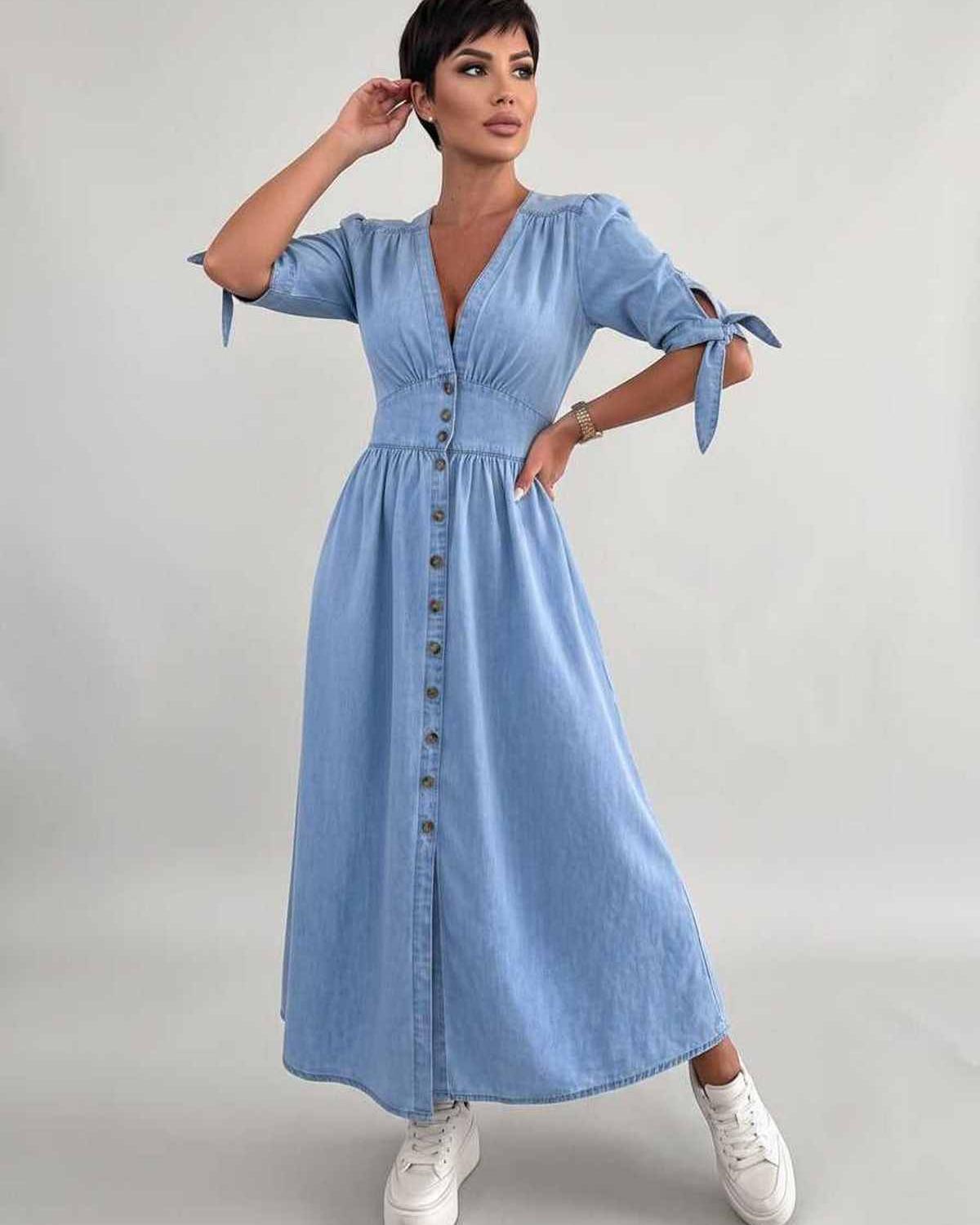 Eloria Midi Dress by Lauven — lightweight mid sleeve V-neck button front fit and flare midi dress