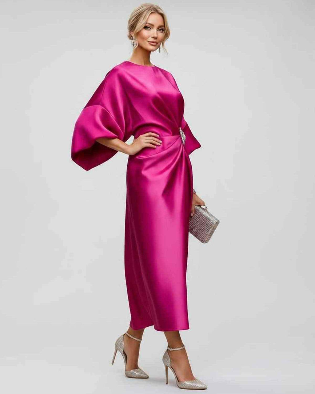 Seralyn Midi Dress by Lauven — satin kimono sleeve boat neck draped midi dress