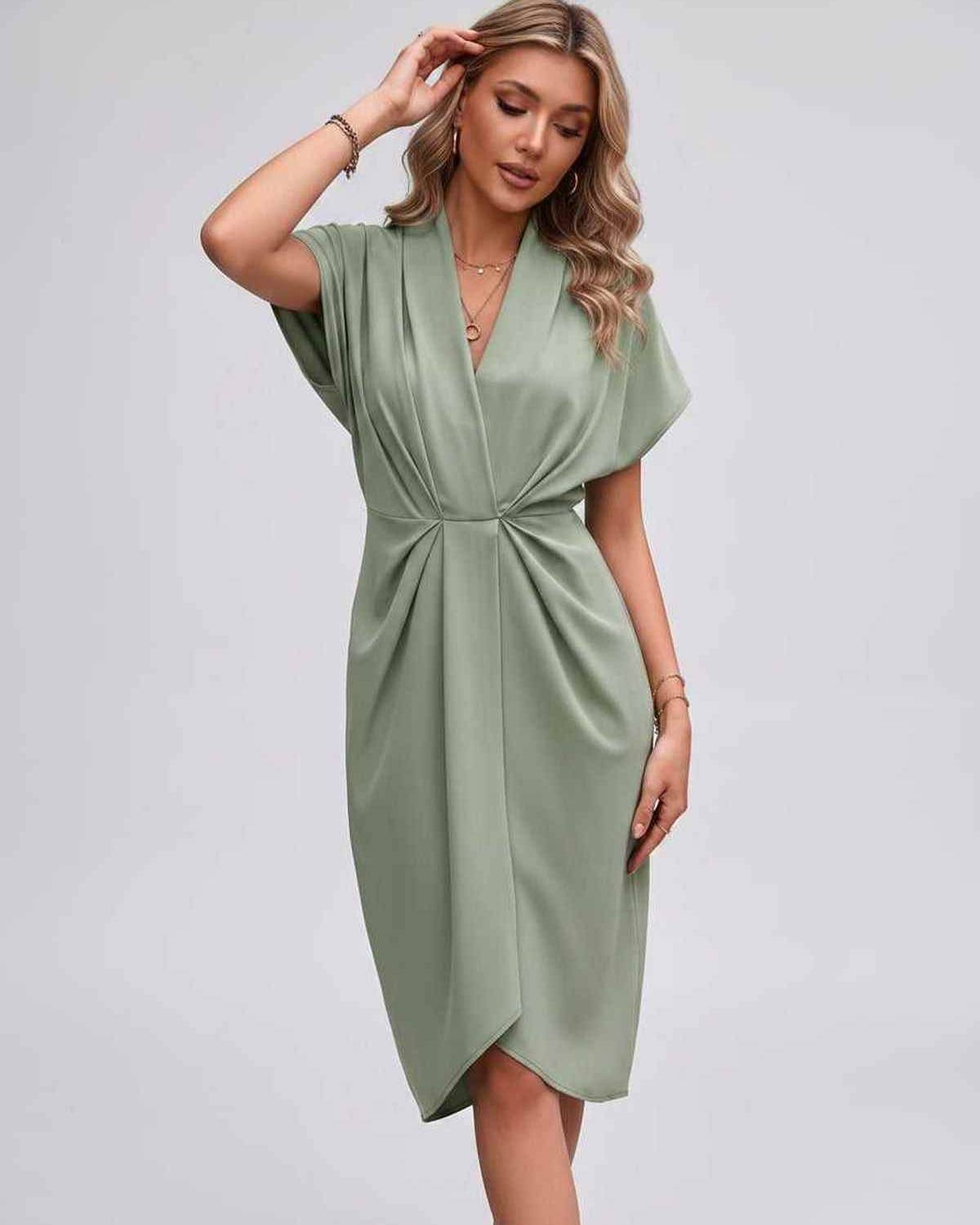Veloura Midi Dress by Lauven — satin cap sleeve V-neck draped midi dress