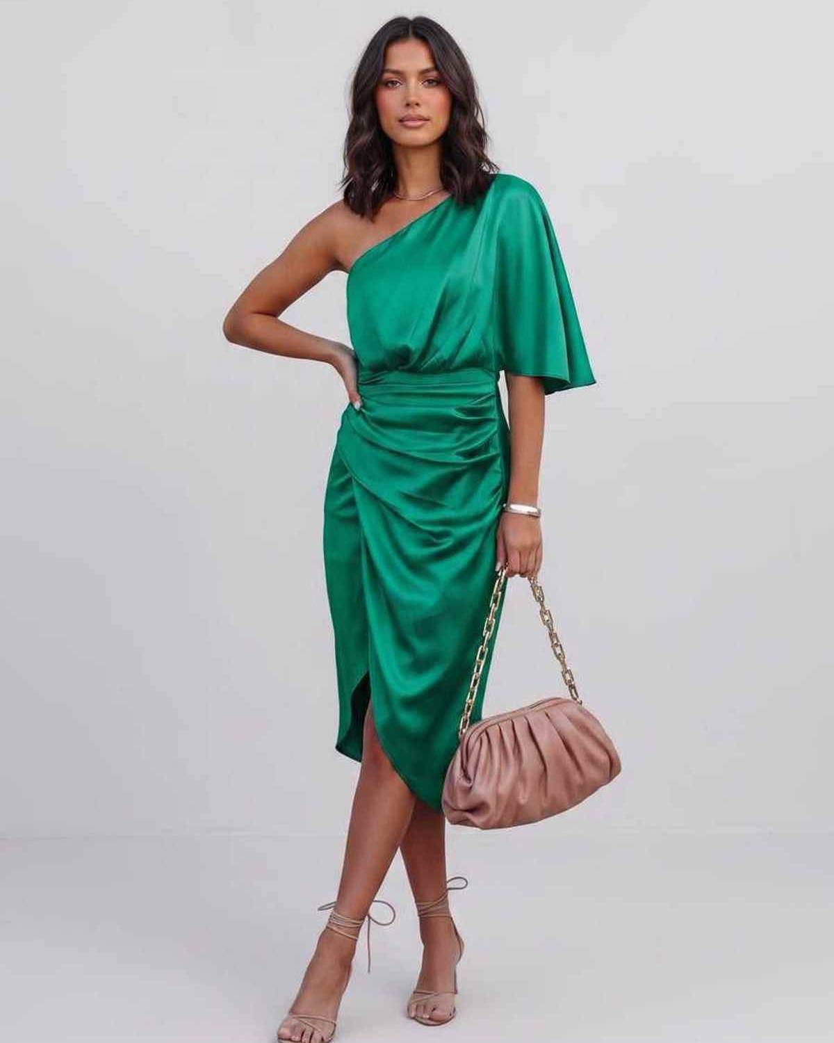 Veloura Midi Dress by Lauven — satin one shoulder draped midi dress with slit