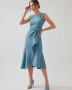 Serelune Midi Dress by Lauven — sleeveless satin midi dress with ruffle detail and fit flare silhouette