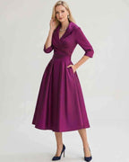 Serelune Midi Dress by Lauven — satin blend 3/4 sleeve V-neck A-line midi dress