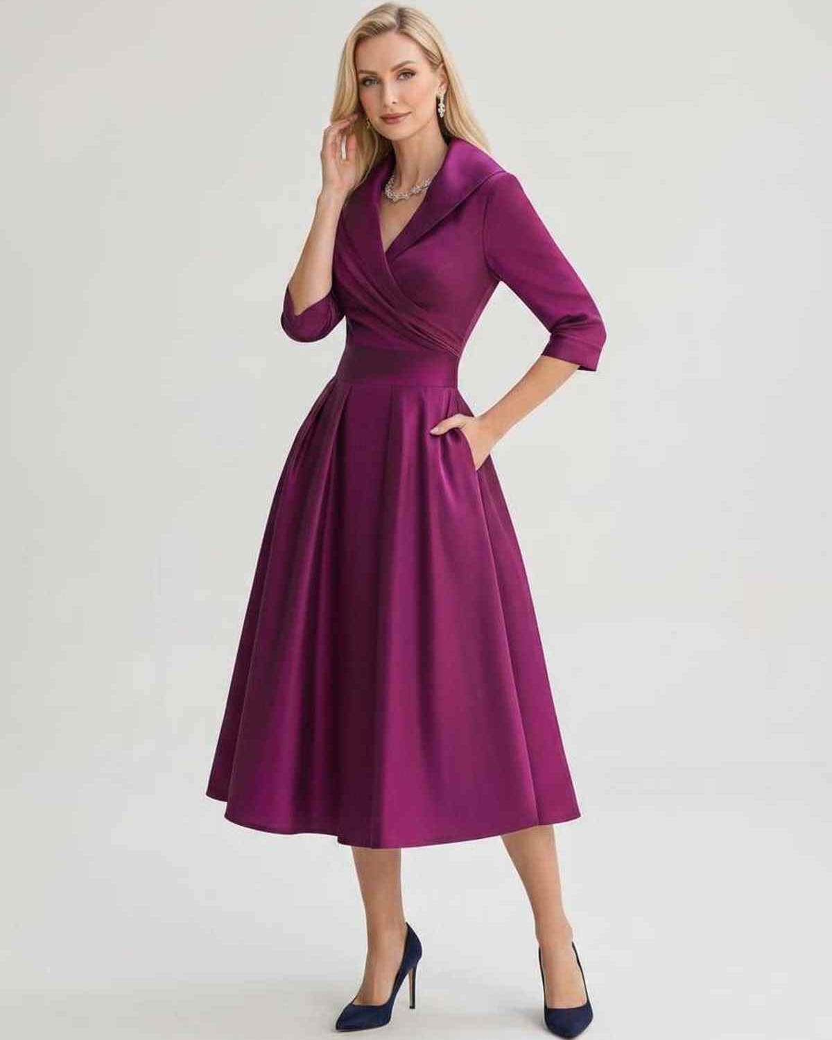 Serelune Midi Dress by Lauven — satin blend 3/4 sleeve V-neck A-line midi dress