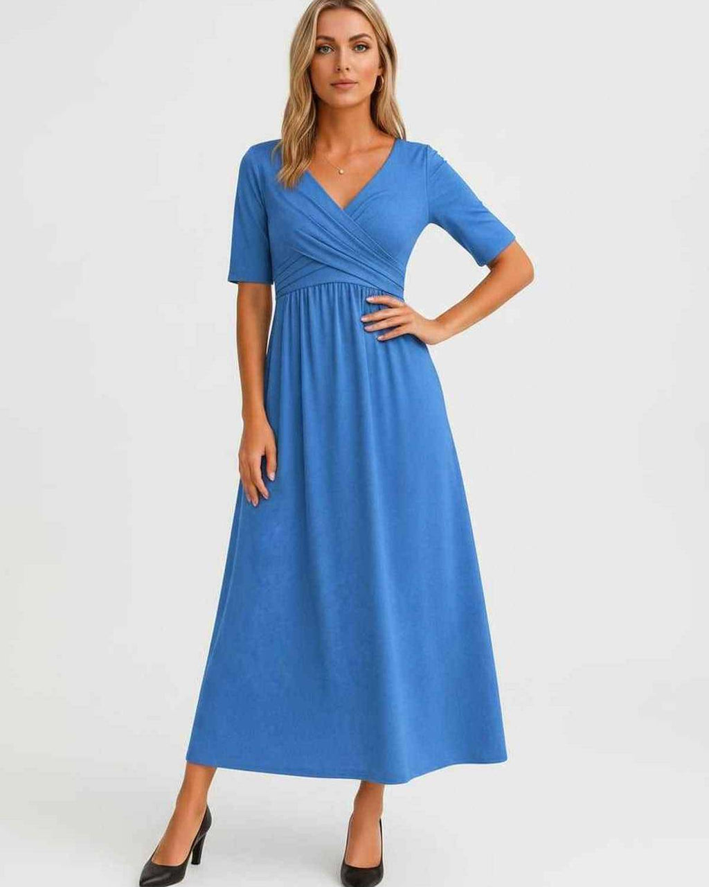 Velmira Midi Dress by Lauven — soft stretch short sleeve V-neck A-line midi dress