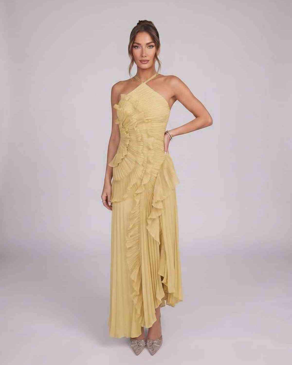 Valerise Maxi Dress by Lauven — chiffon sleeveless halter asymmetrical maxi dress