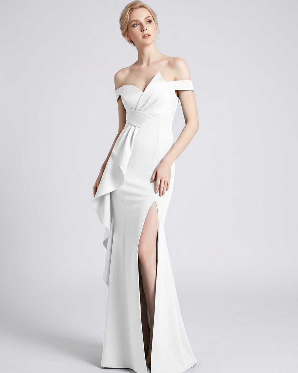 Veloura Maxi Dress by Lauven — polyester spandex off-the-shoulder mermaid maxi dress with slit