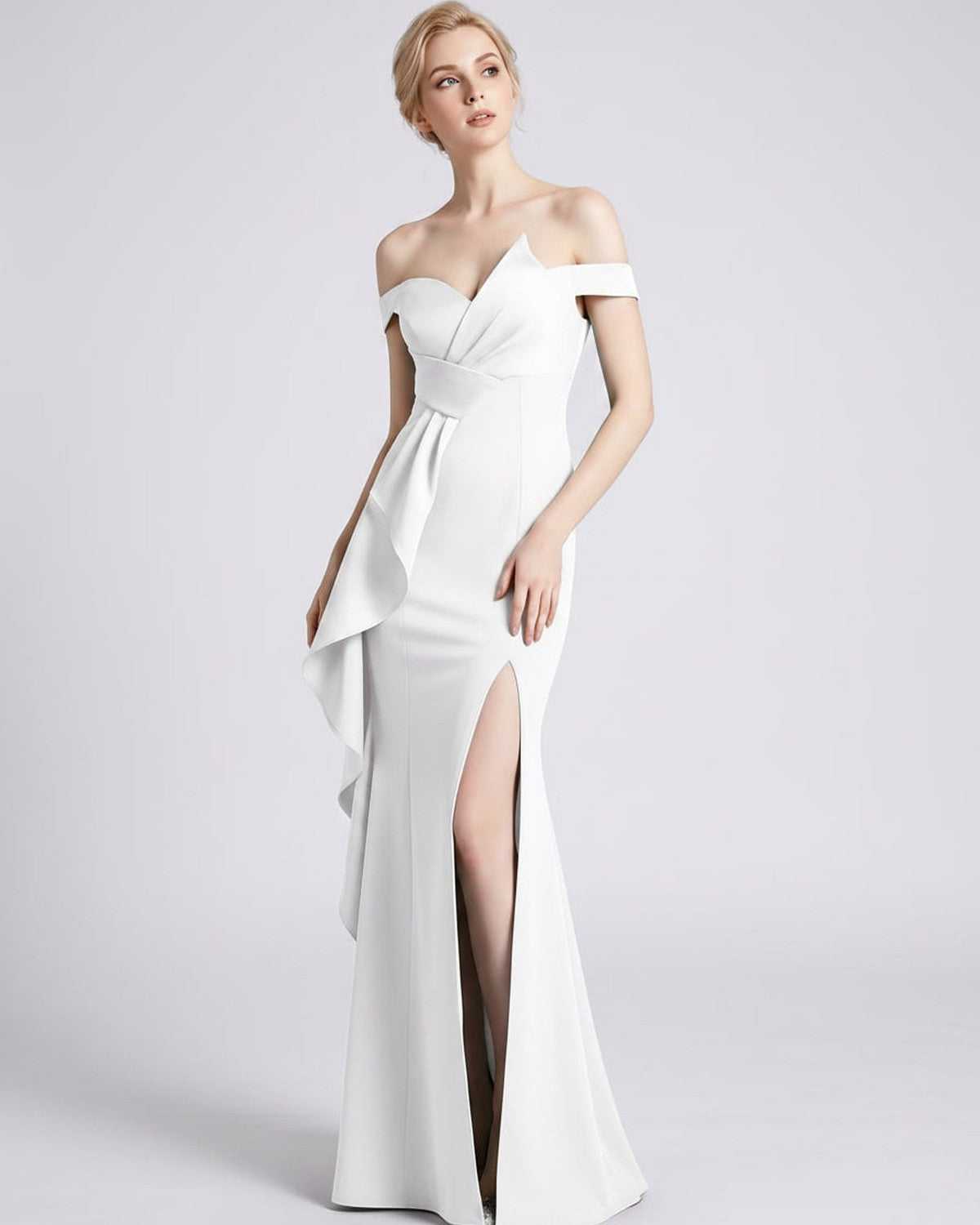 Veloura Maxi Dress by Lauven — polyester spandex off-the-shoulder mermaid maxi dress with slit