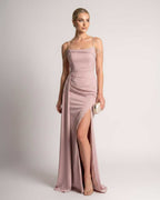 Celestia Maxi Dress by Lauven — polyester spaghetti strap mermaid maxi dress with beading and split