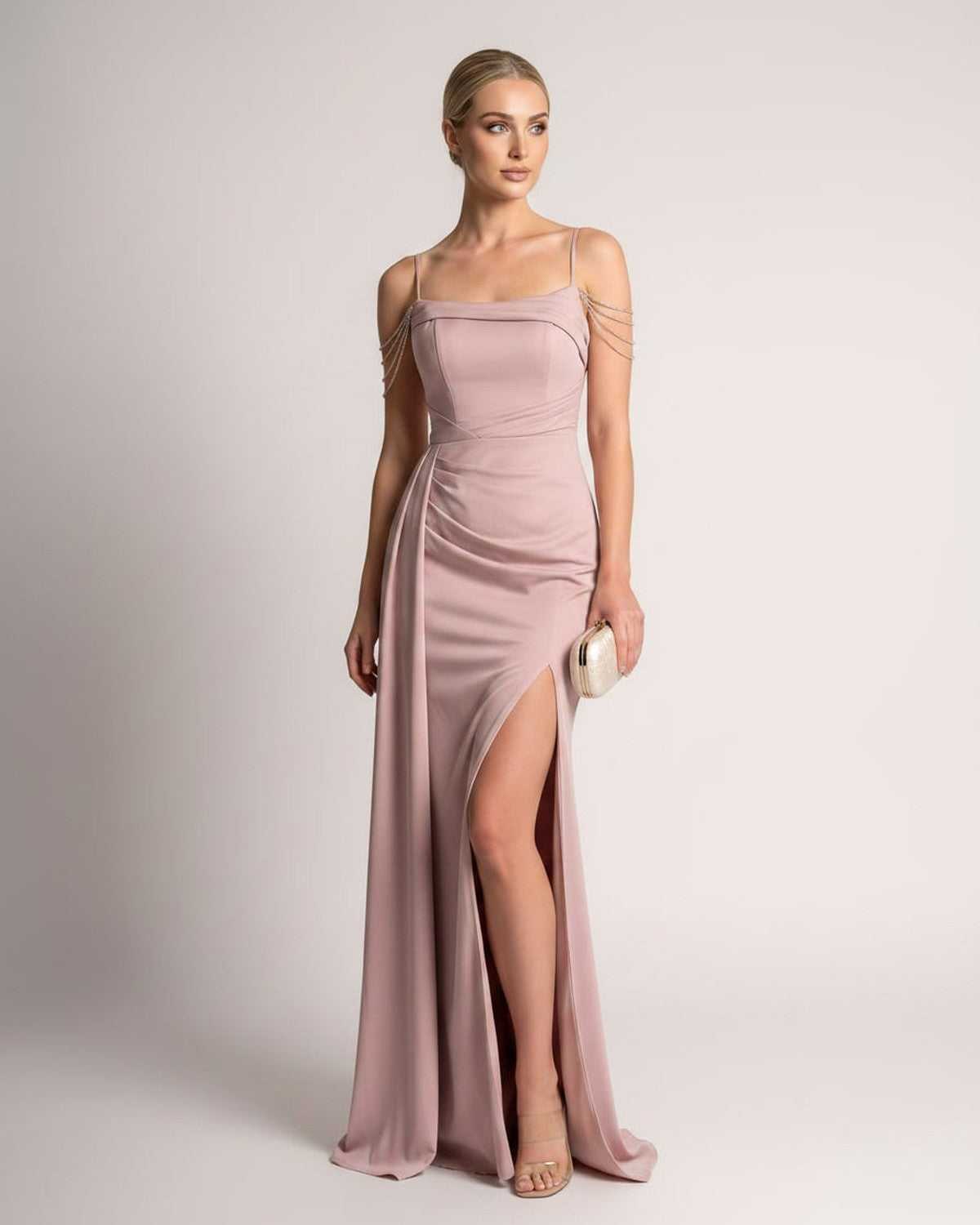 Celestia Maxi Dress by Lauven — polyester spaghetti strap mermaid maxi dress with beading and split