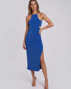 Sable Midi Dress by Lauven — suede-touch polyester blend sleeveless crew neck slim midi dress