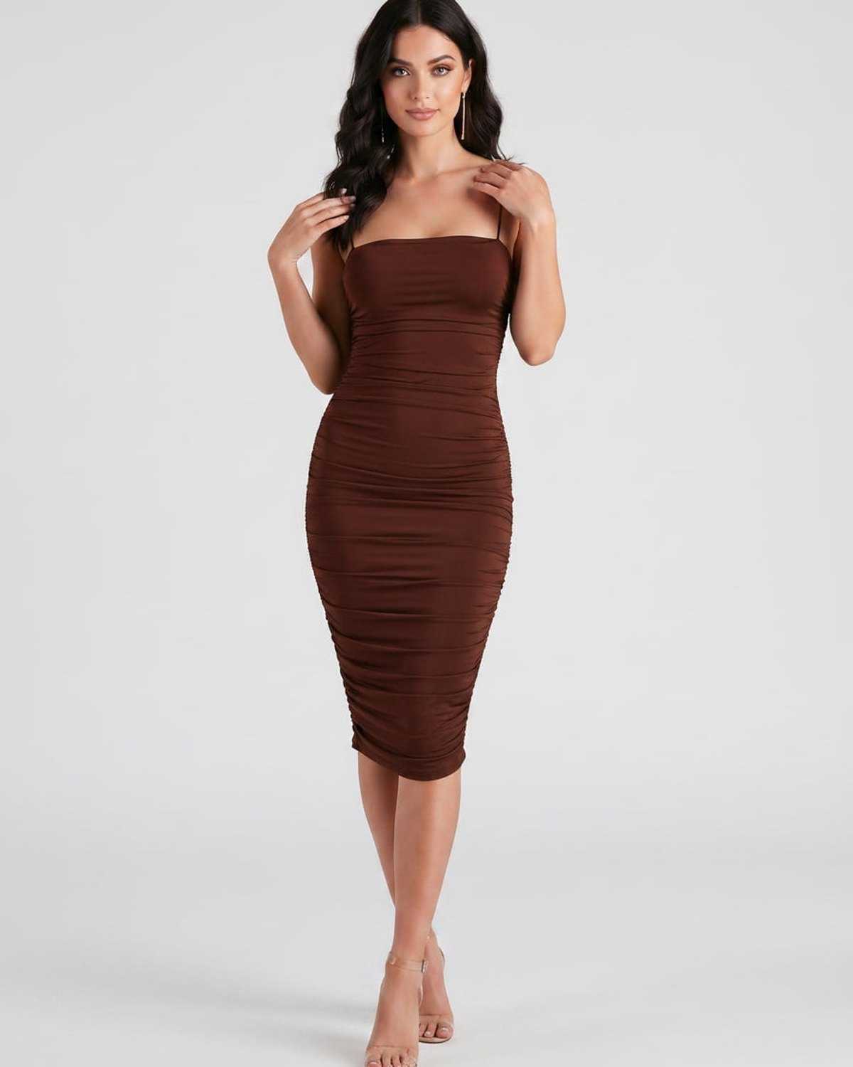 Velora Midi Dress by Lauven — smooth knit sleeveless square neck ruched slim midi dress