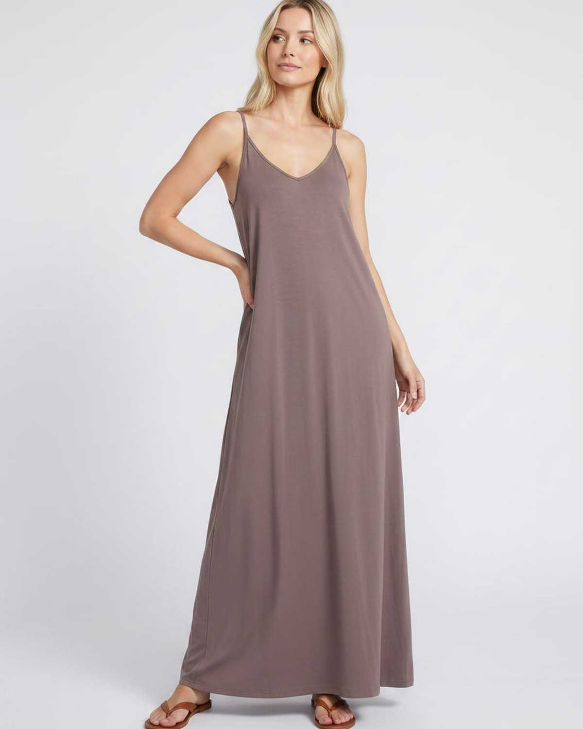 Solenne Maxi Dress by Lauven — soft stretch sleeveless V-neck relaxed A-line maxi dress